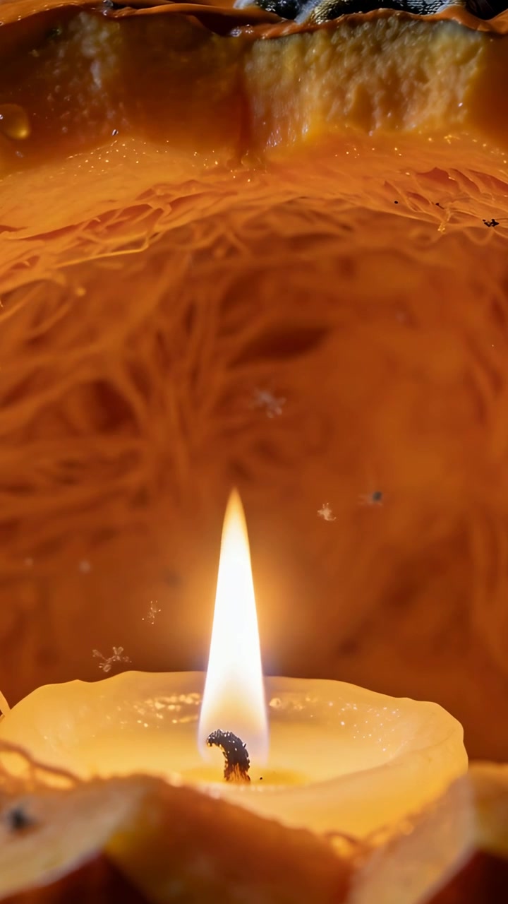 Vertical video: Flickering tealight melting wax in orange shell on table, releasing ash