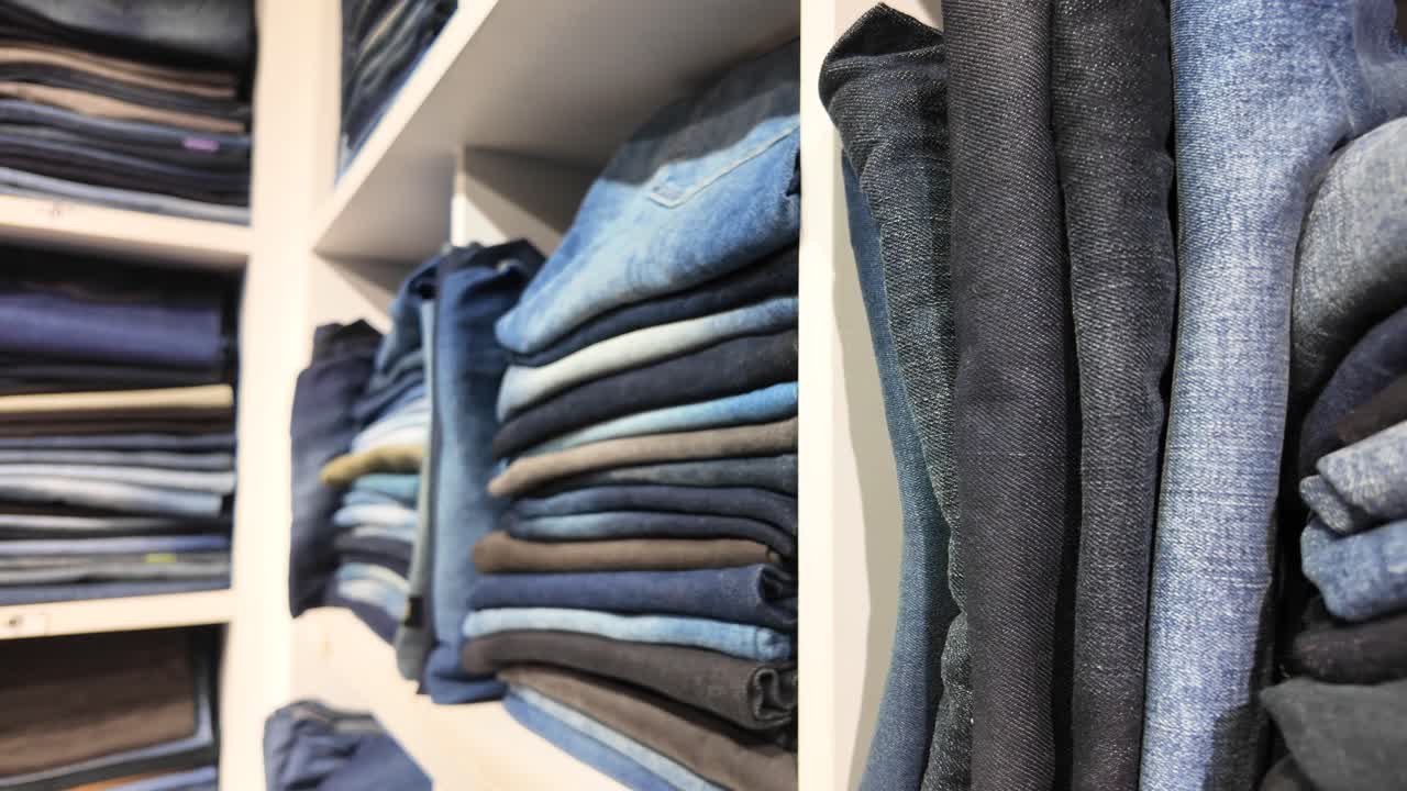 vaqueros apilados en los estantes de una tienda de ropa