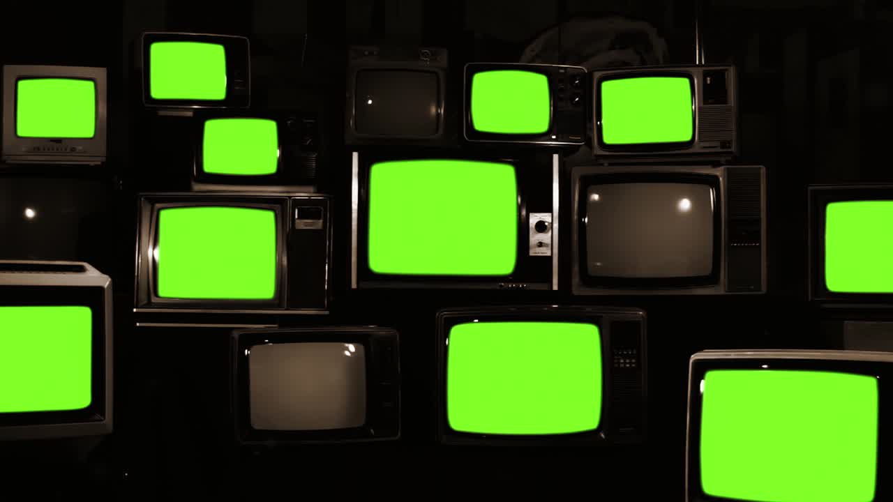 Retro TV Stack Turning Off Green Screens with Static Noise. Sepia Tone. 4K.