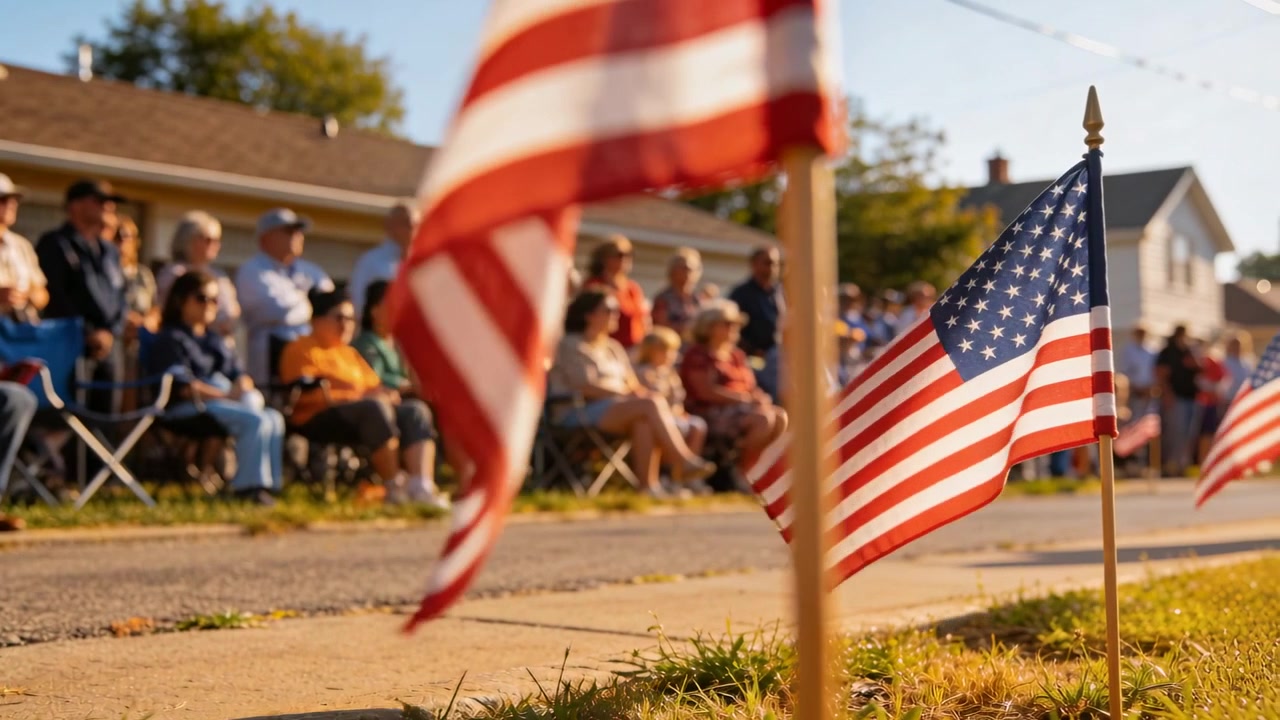 Fluttering US flags at suburban curb in breeze, focus shifting, neighbors in tees watching parade