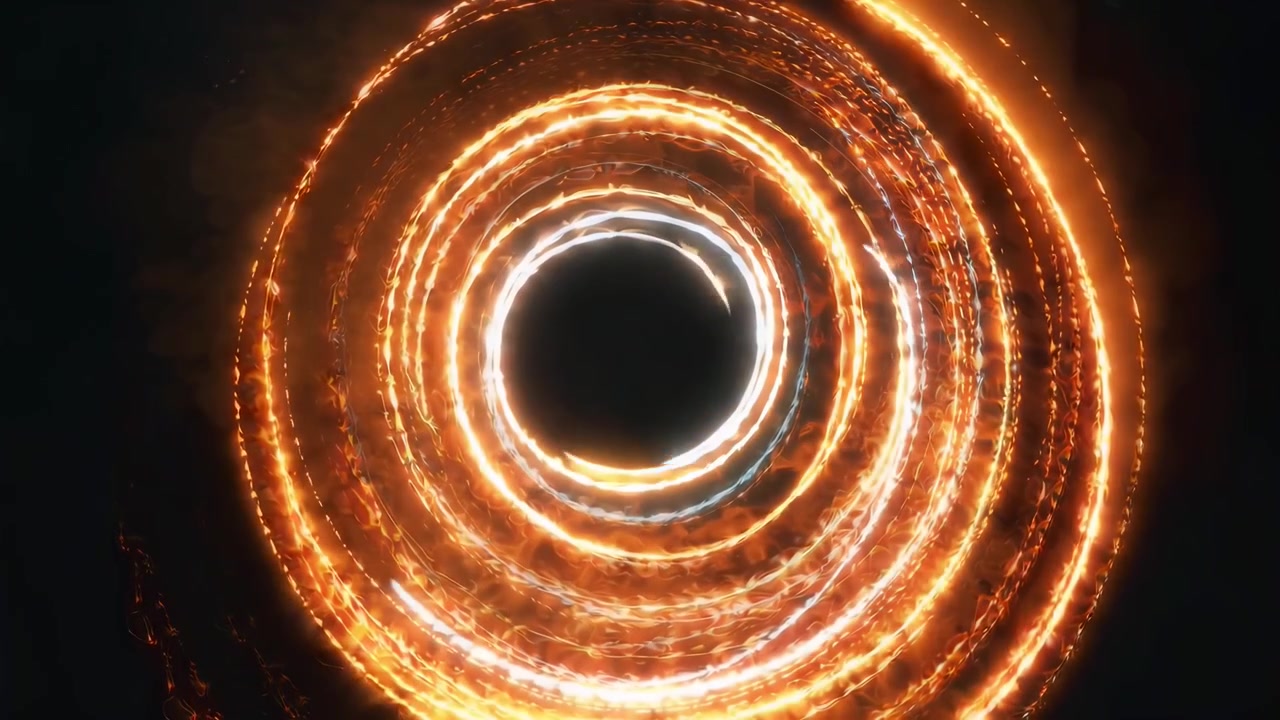 Anelli di luce infuocati dinamici che ruotano su uno sfondo nero