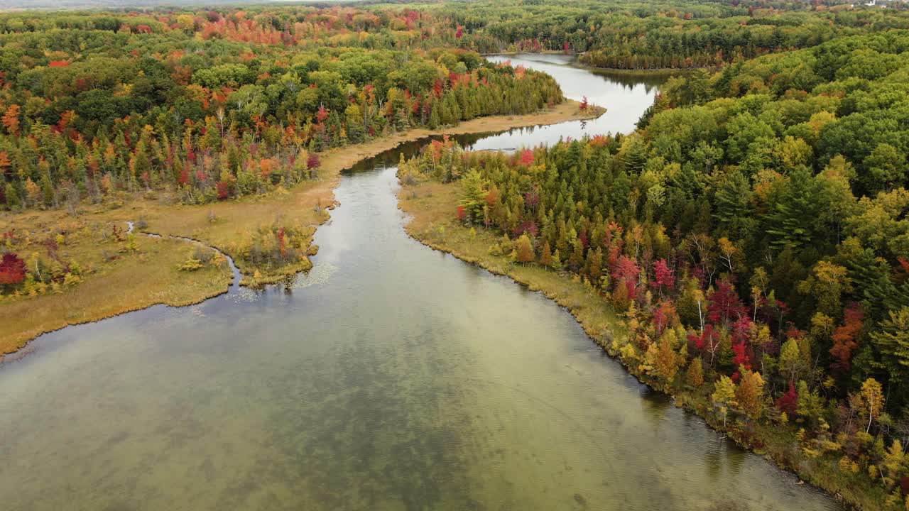 drone inclinándose para mostrar un delta del río en michigan durante el otoño