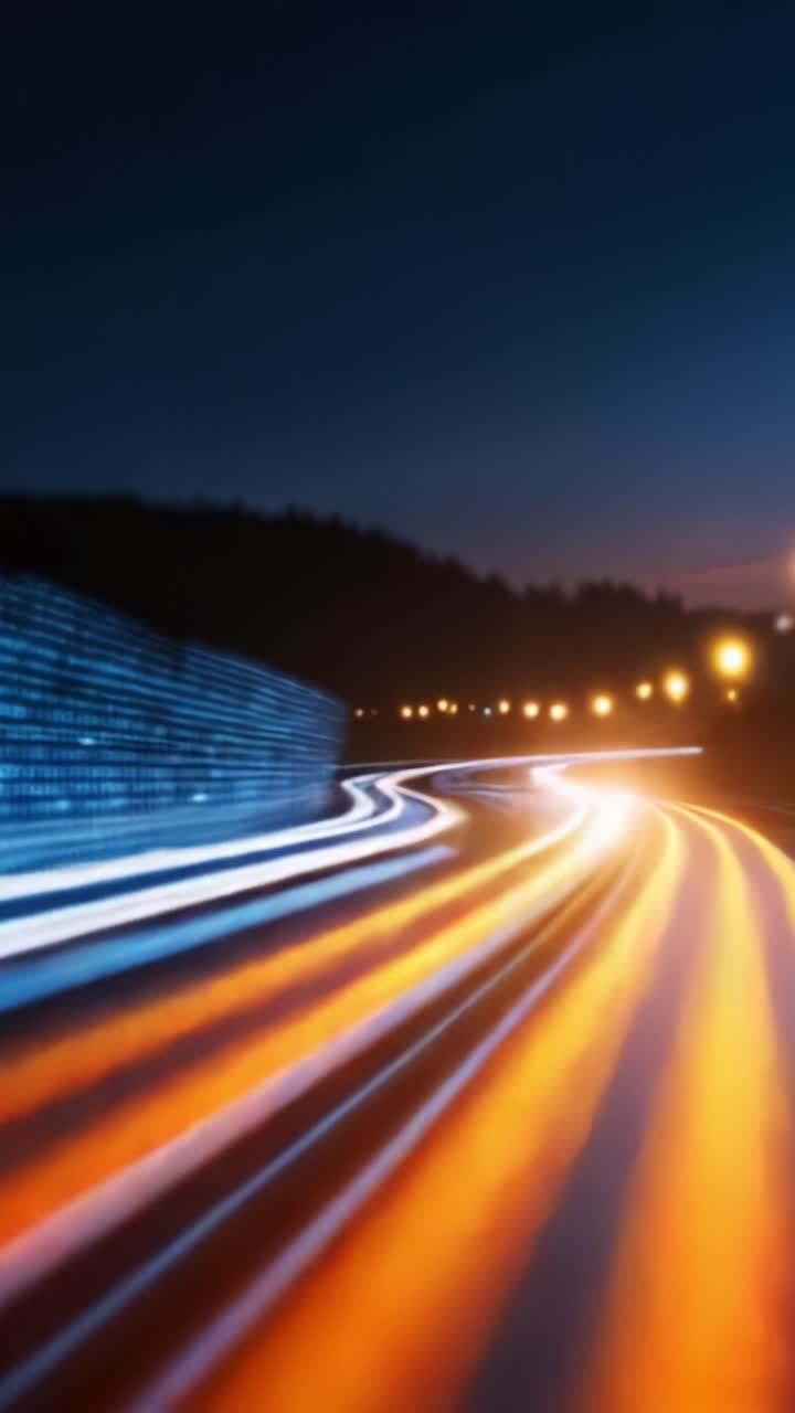 Scie luminose dinamiche su una strada tortuosa al crepuscolo con una delicata luce serale e un tocco urbano che catturano l'essenza del movimento attraverso motivi e colori astratti