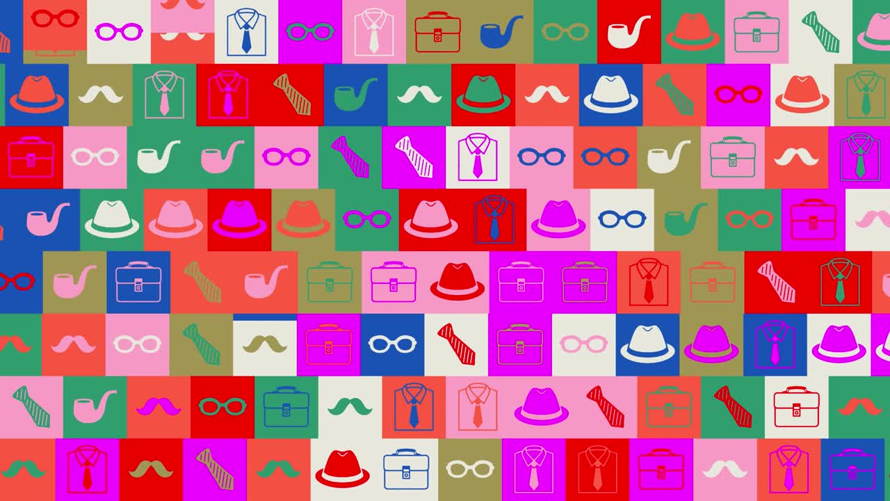 día internacional del hombre. fondo. patrón sin costuras. animación de mosaico de bucle. pancarta o telón de fondo con iconos, logotipos o ilustraciones multicolores que parpadean