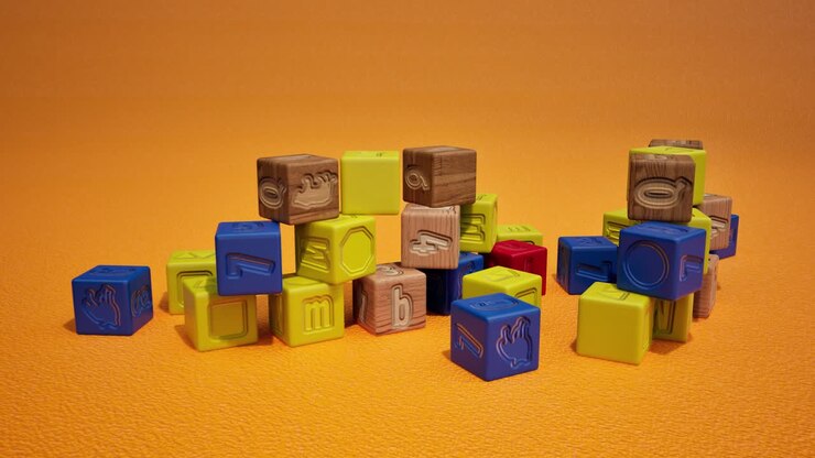 3D kids wooden blocks toy on orange background, 3D animation, camera zoom out