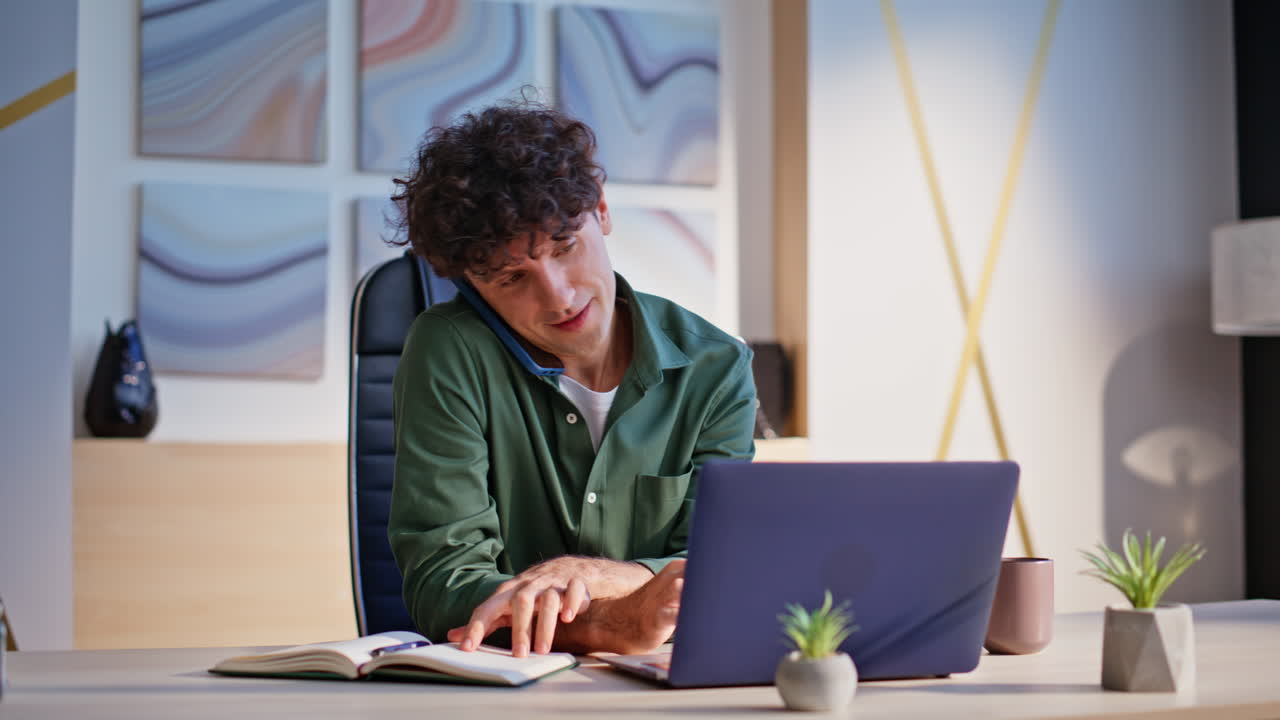 Business manager calling partner sitting modern company work space closeup