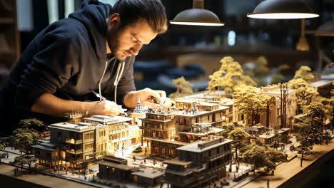 crafting a detailed miniature model of a cityscape in a workshop setting