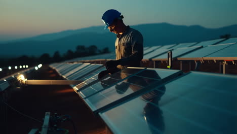 worker inspecting solar panels at dusk