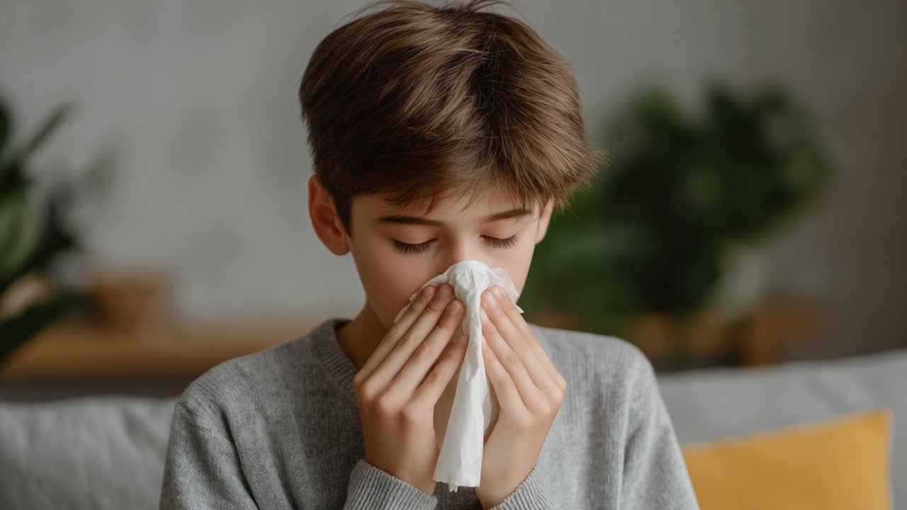 A Young Boy Struggles with a Cold, Holding a Tissue to His Nose While Battling the Symptoms of Illness in a Cozy Indoor Setting