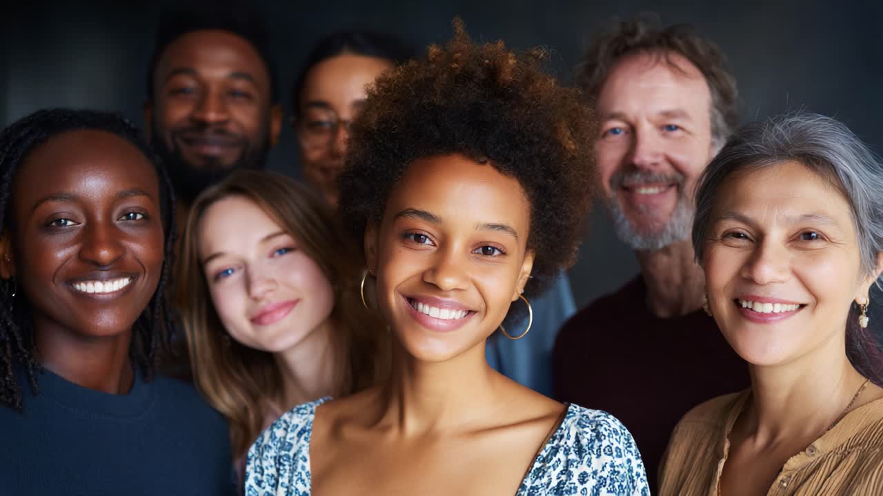 Um grupo diversificado de pessoas sorrindo e celebrando juntas em um retrato de comunidade unida, mostrando amizade e união em uma atmosfera calorosa