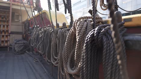 close up shot of old war ships rigging rope