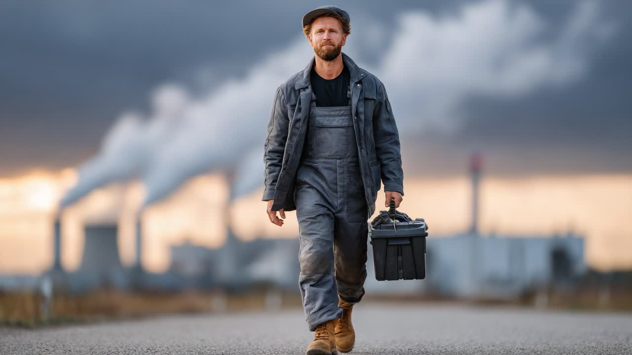 Eine entschlossene Angestellte schreitet selbstbewusst einen Weg entlang, eine Werkzeugkiste tragend, vor der Kulisse von industriellen Schornsteinen und einem dramatischen bewölkten Himmel, bereit für die vor ihr liegenden Aufgaben