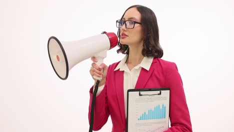 businesswoman with megaphone and chart making an announcement