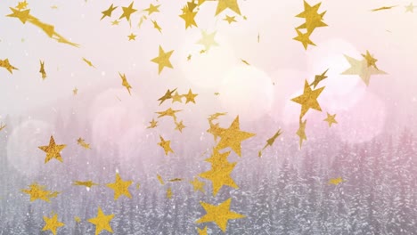 animation of bokeh, stars and snow falling over winter forest