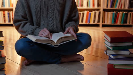 woman reading in a library at night