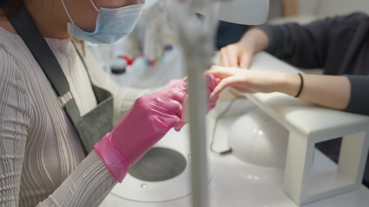 Nail technician wearing protective mask and pink gloves carefully grooming customer nails with brush and scissors under bright salon lighting during professional manicure session focused on care