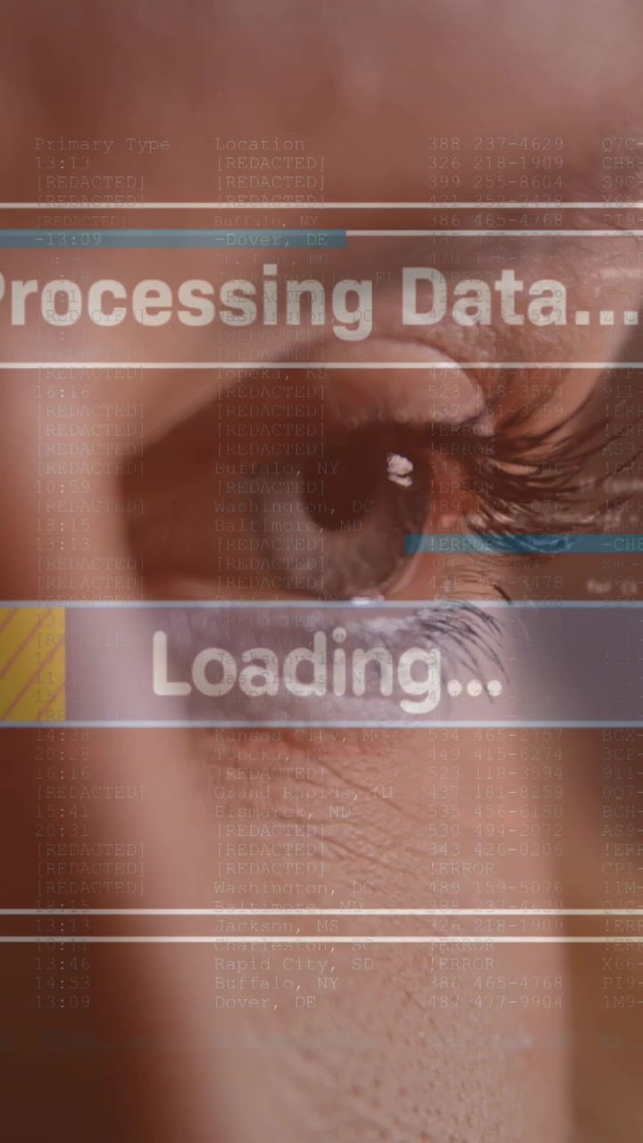 Animation of digital screen with data processing over eye of caucasian woman