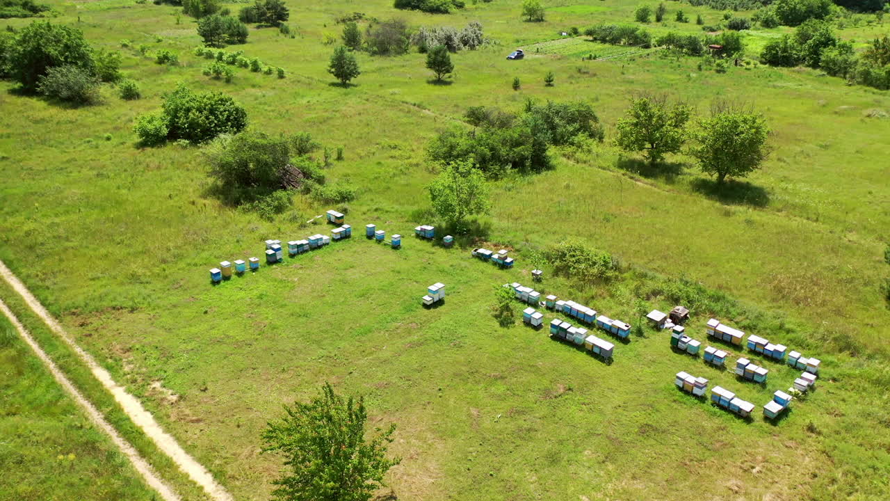 Aerial view of hives in apiary. Aerial drone view of apiary with wooden old beehives