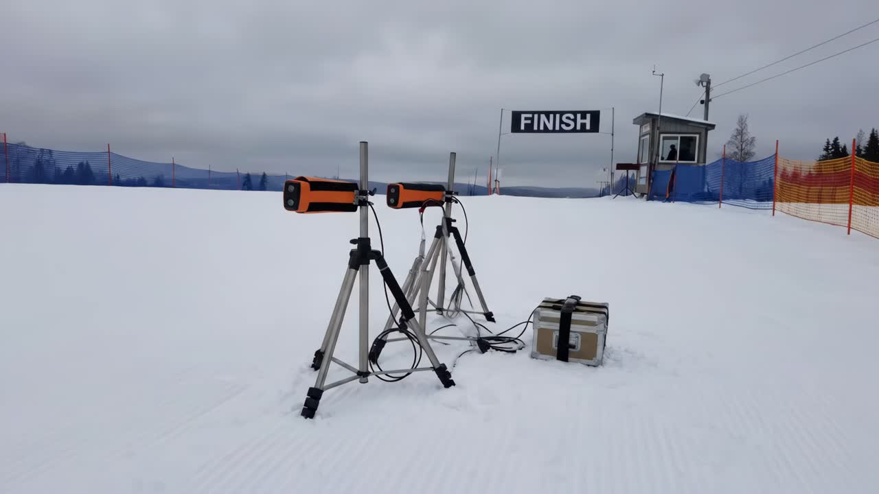 Tidsudstyr ved mållinjen på sneklædt skipiste