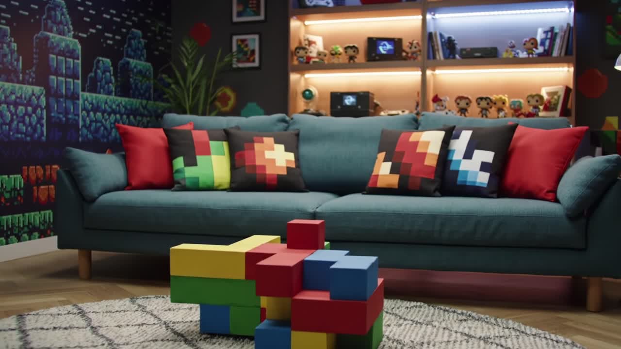 A Cozy Gaming Retreat Featuring Colorful Pixelated Pillows and Vibrant Building Blocks, Capturing Nostalgia in a Stylish Living Space for Gamers and Enthusiasts