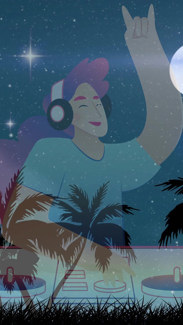 Animazione di un'icona di DJ donna su palme, stelle e luna nel cielo