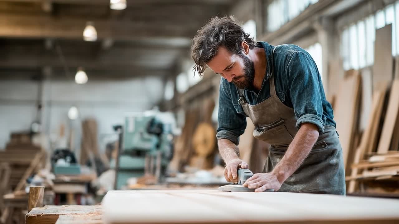 Zkušený truhlář pilně pracuje na dřevěné ploše v dílně