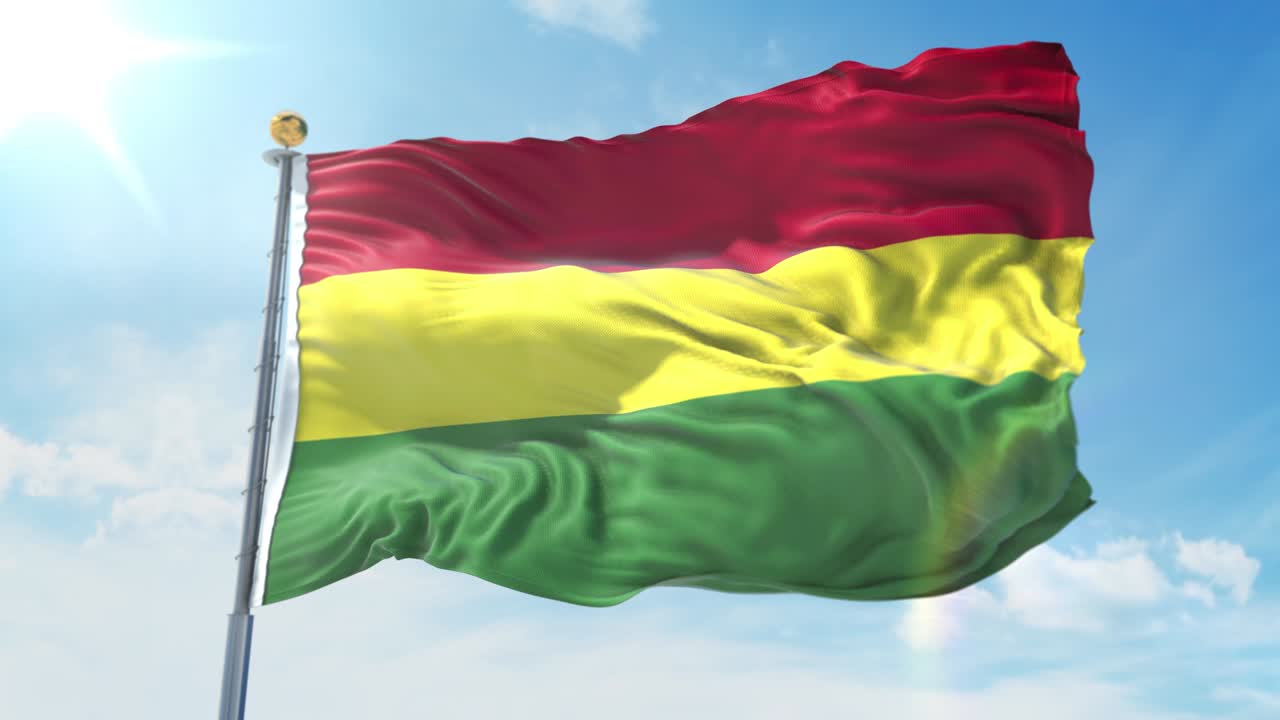 bandera de bolivia ondeando en el viento contra el cielo azul profundo. tema nacional, concepto internacional. 3d render ciclo sin costuras 4k