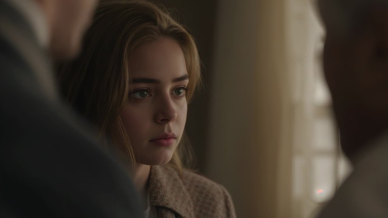 Una adolescente que escucha cambia la mirada y parpadea en casa, mientras los adultos hablan a la derecha, con abrigo beige y trajes.