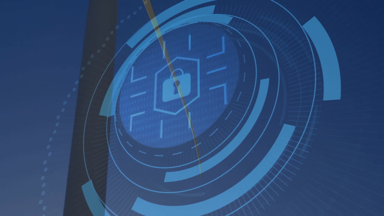 Central security graphic rotating in digital scene using padlock shield, binary code, flat design