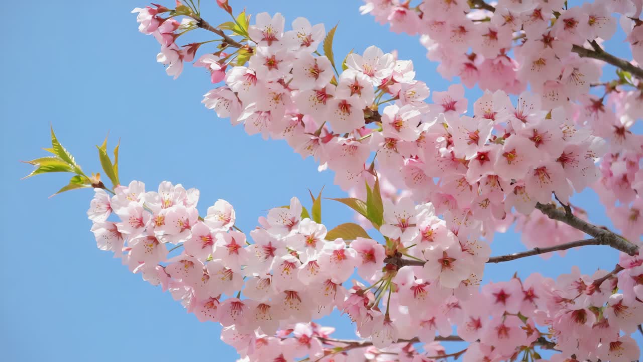 Cherry tree flowers blooming in spring showing delicate pink petals and green leaves against a clear blue sky, creating a beautiful and serene natural scene
