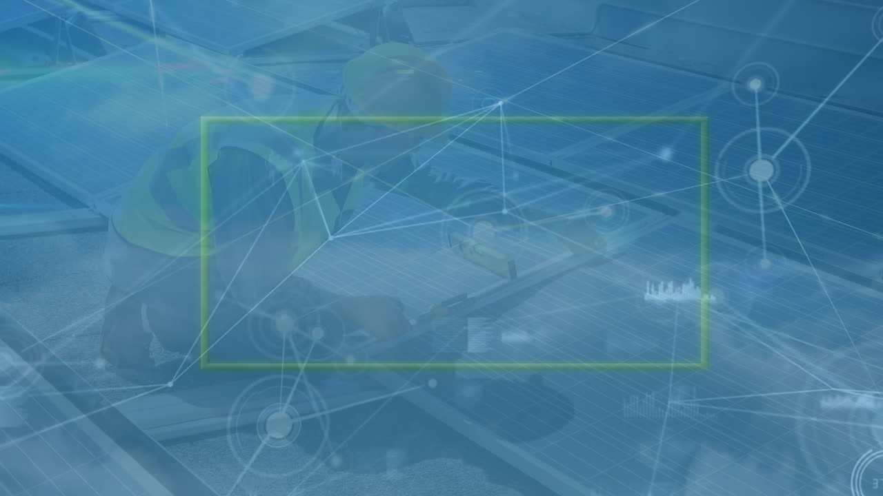 연결 네트워크를 통해 녹색 프레임의 애니메이션과 태양 패널을 통해 구름