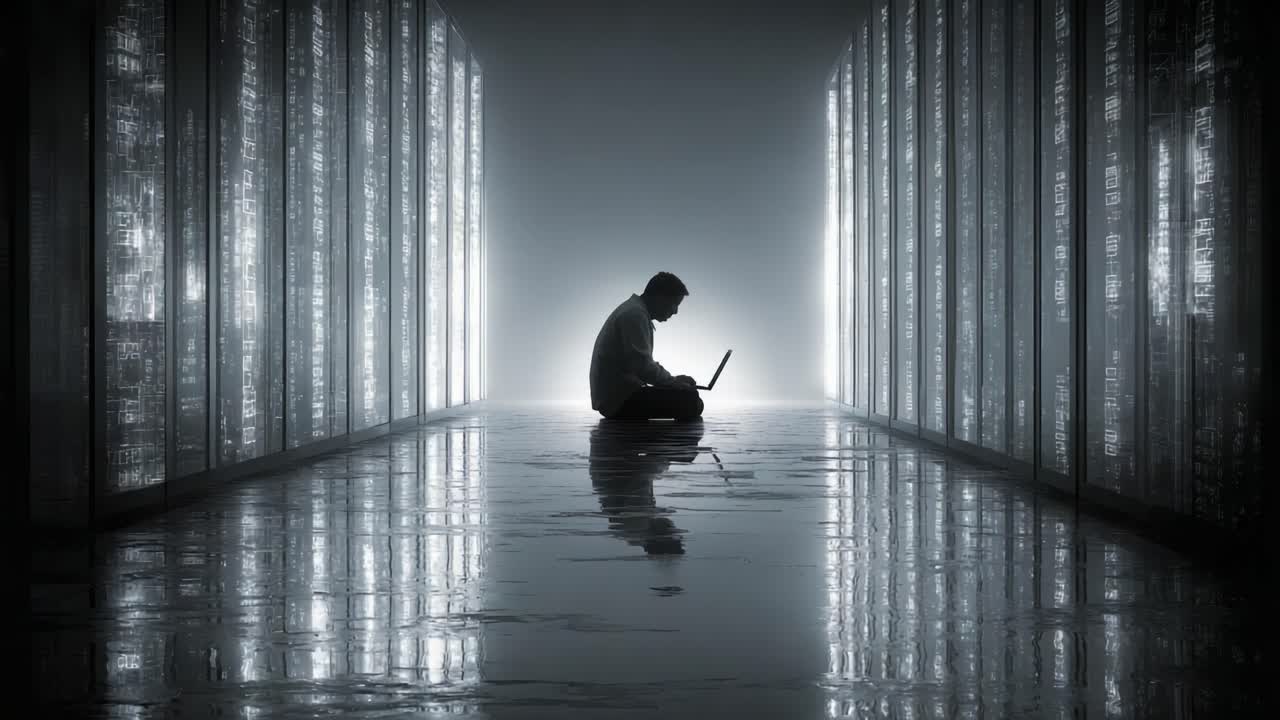 A solitary figure engrossed in thought while seated on a reflective floor, surrounded by towering data servers, illustrating the essence of technology and digital solitude in a modern landscape