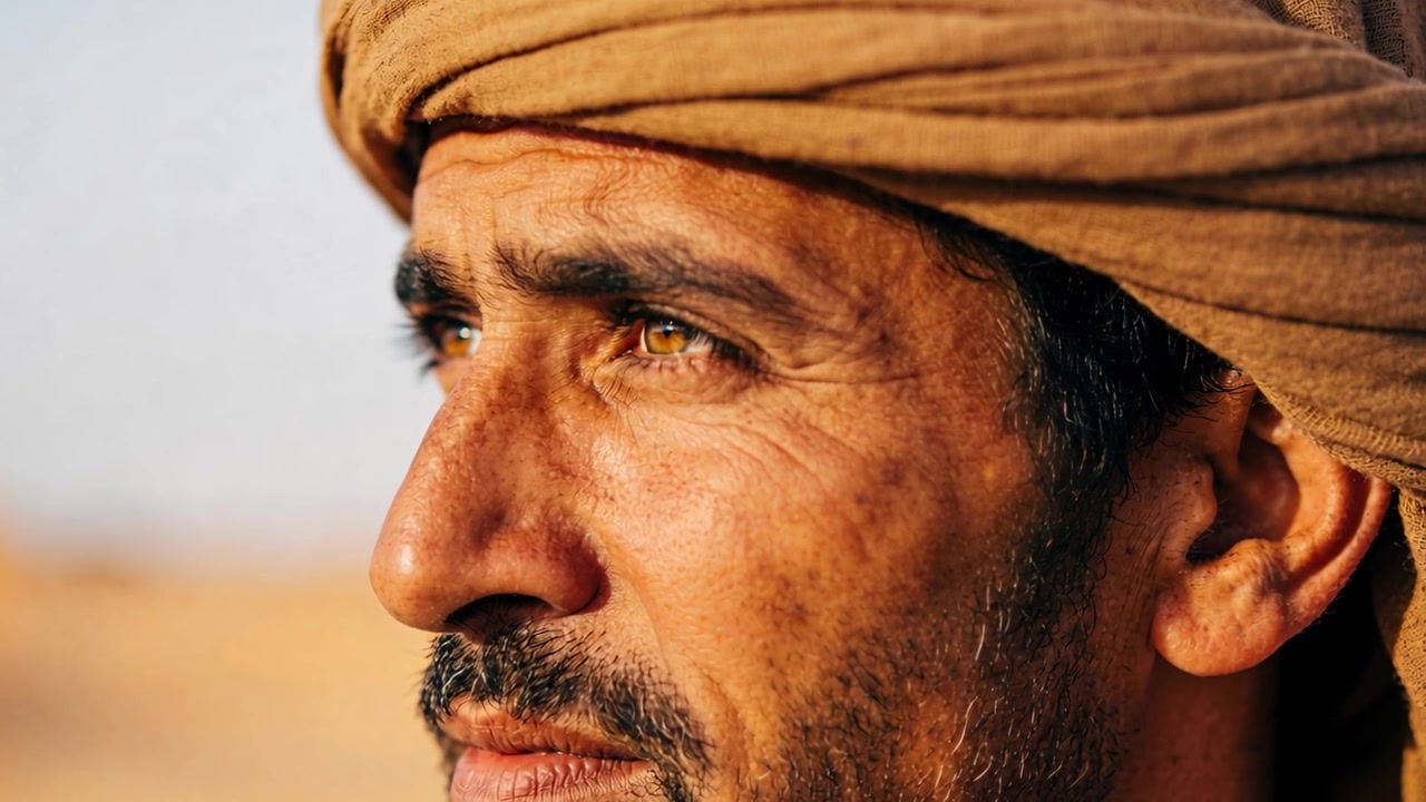 Uomo mediorientale che fissa, muovendo il mento e guardando in un deserto illuminato dal sole, con turbante marrone e occhi color ambra.