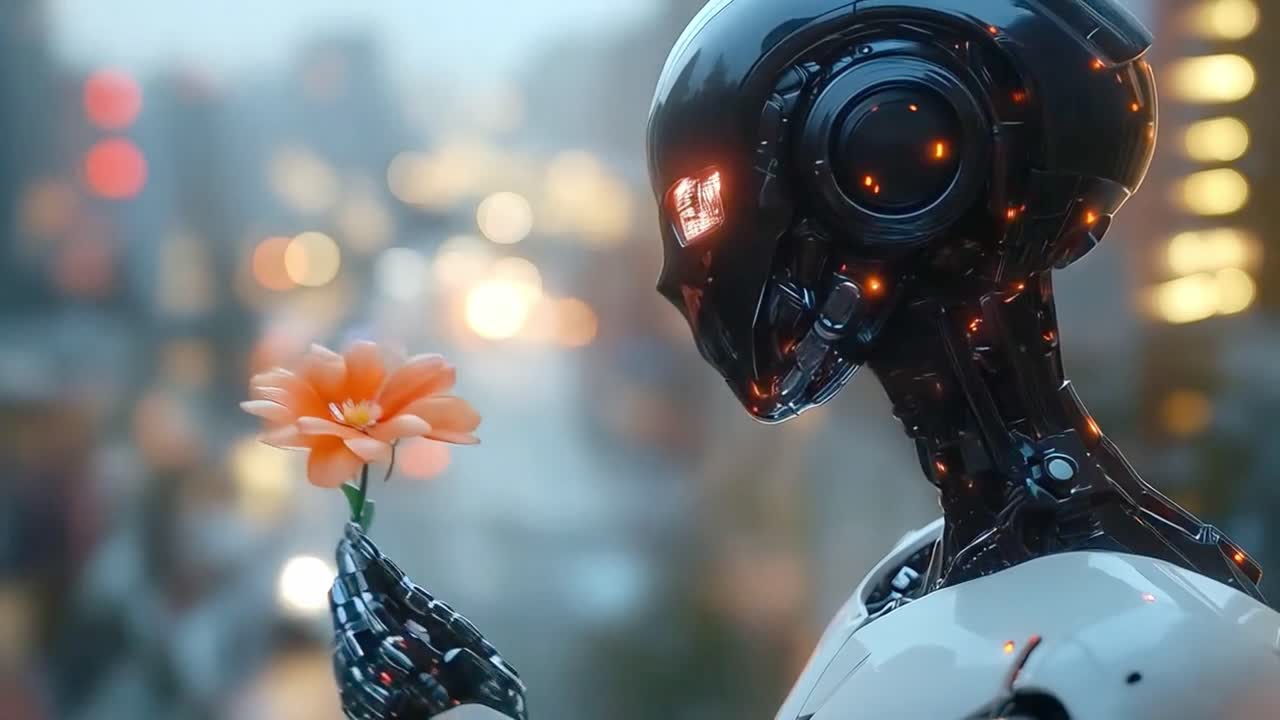 Robot holding a flower in a futuristic city