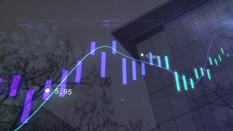 Animación-De-Datos-De-Procesamiento-De-Gráficos-Morados-Y-Verdes-Sobre-Edificios-Y-árboles-Contra-El-Cielo