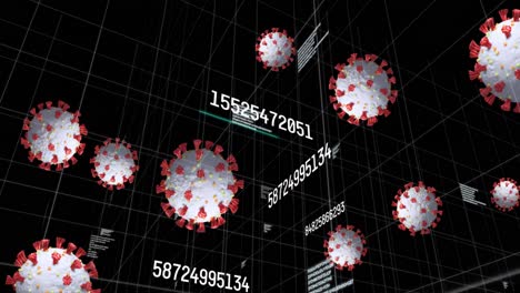 Multiple-covid-19-cells-and-changing-numbers-floating-against-data-processing-on-black-background