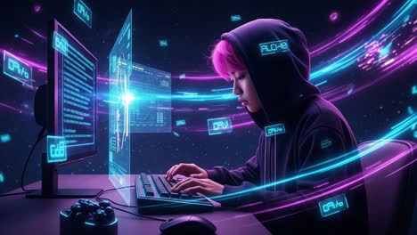 an engaged gamer, deep in focus: immersed in a digital world with cutting-edge technology and vibrant interfaces in an ethereal setting