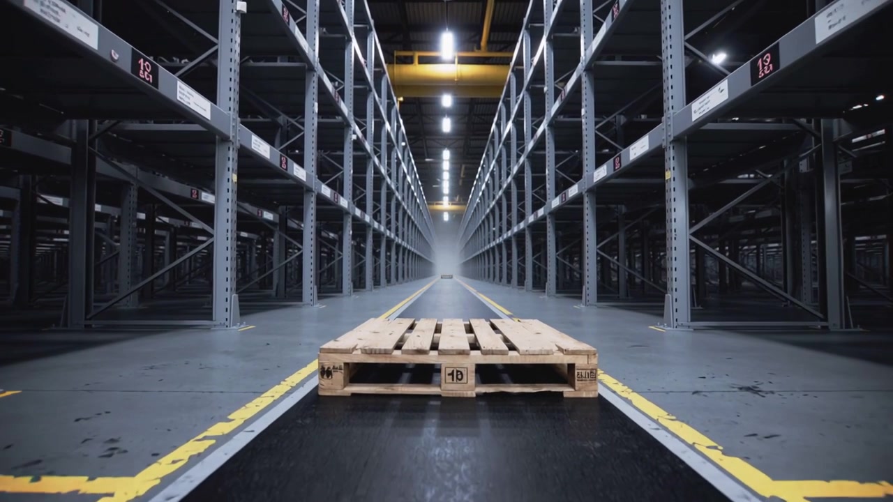 Il nastro trasportatore si avvia, un pallet di legno marcato 1D scorre lungo il corridoio del magazzino sul nastro.