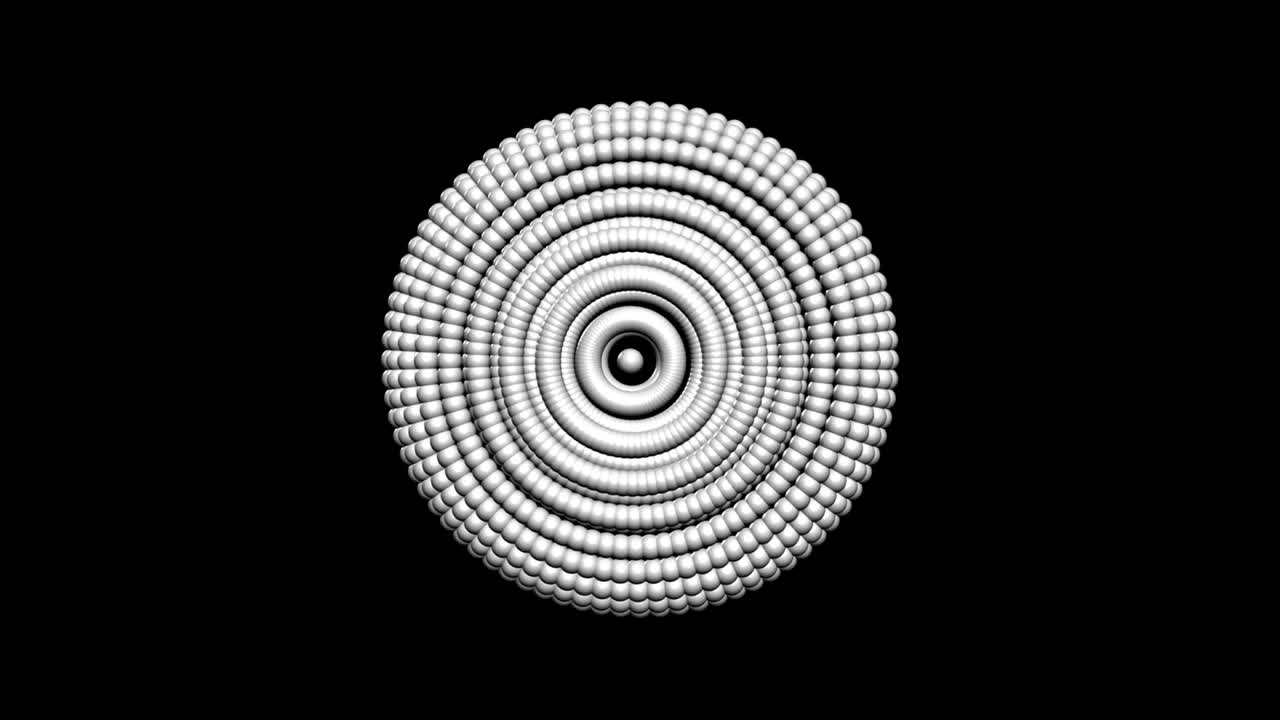 animación de partículas blancas que están dispuestas una alrededor de la otra en un círculo sobre un fondo negro. movimiento de ojo blanco abstracto, video de fondo animado.