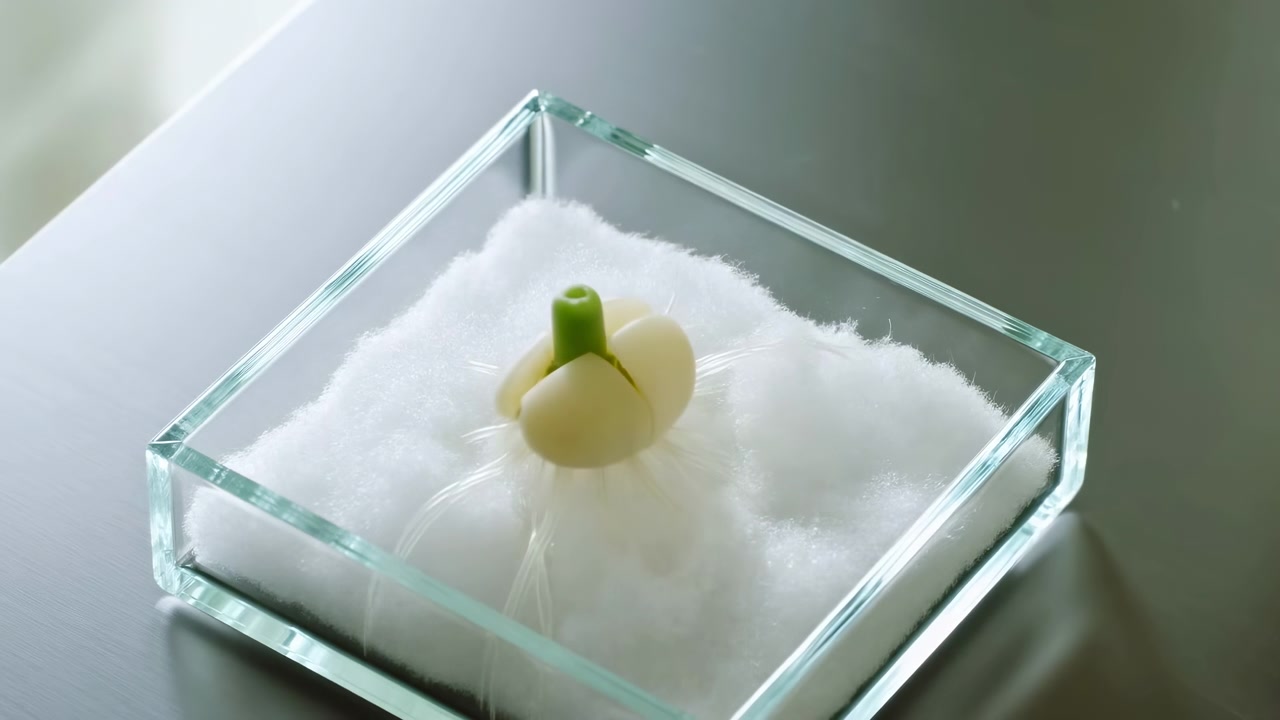 A single beige capsule sits in the center of a clear glass tray filled with white fluffy cotton-like material on a smooth gray surface, lit by soft natural
