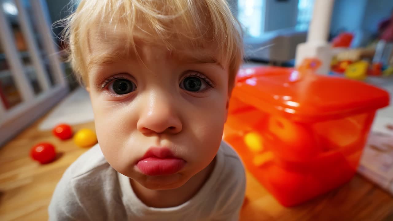 A Curious Toddler with a Pout and Big Blue Eyes Captured in Two Frames, Expressing Wonder and Innocence Amidst Playful Surroundings of Colorful Toys and Objects