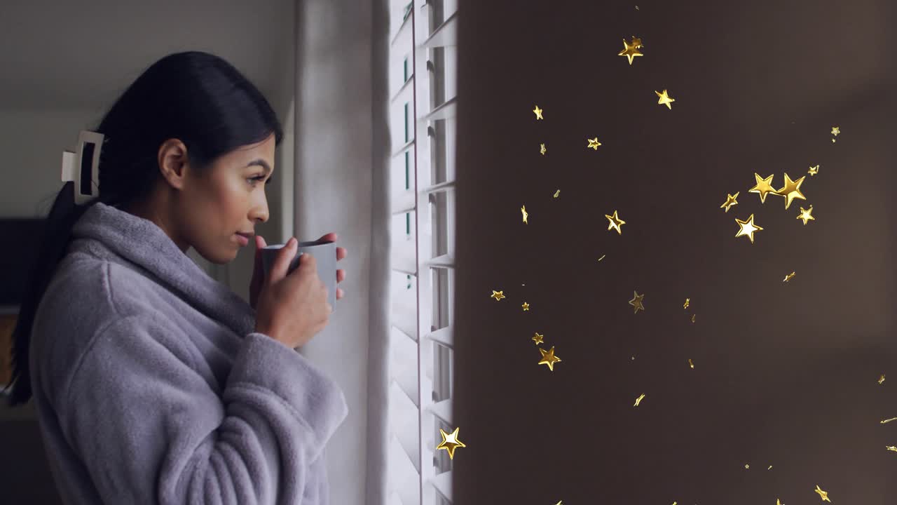 Woman at window picking up mug and sipping for lifestyle calm, overlay stars drifting denser apart