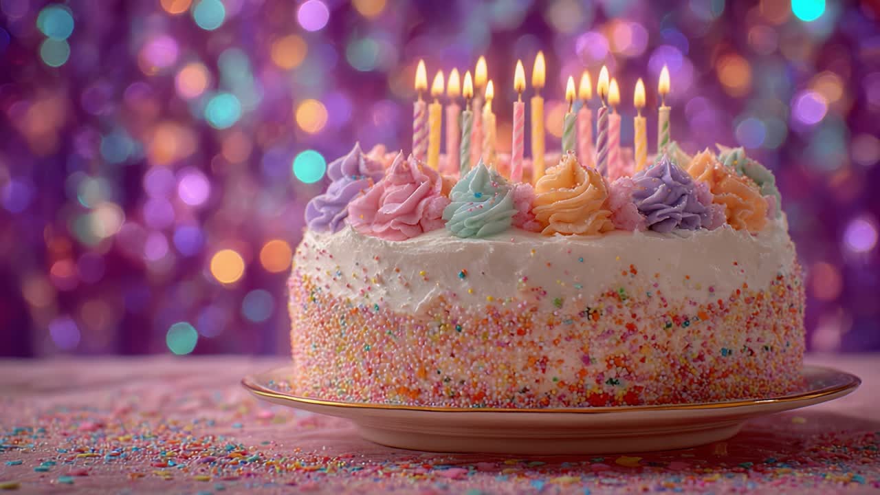 A Festive Birthday Cake Adorned with Colorful Frosting and Candles, Celebrating Joyful Moments Under a Celebration Background of Sparkling Bokeh Lights