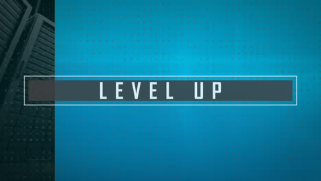 animación de un banner de texto de nivel superior sobre un fondo azul contra los servidores de la computadora