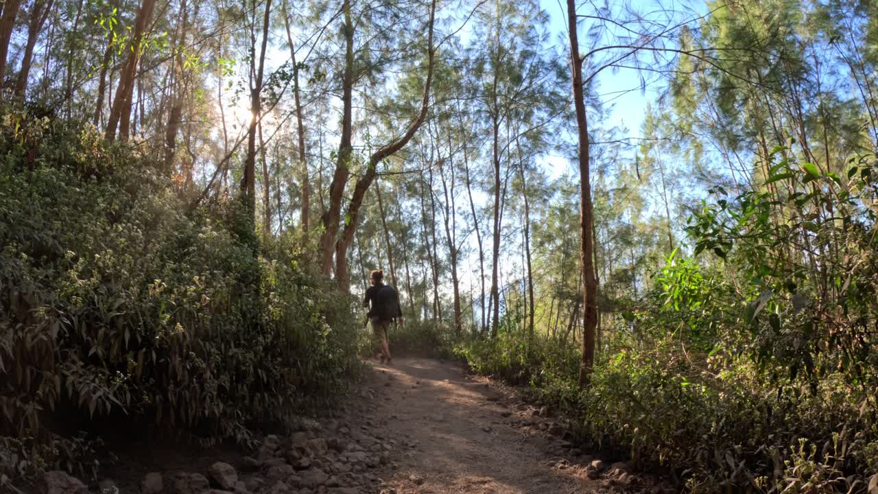 persona está caminando por el camino verde al monte batur en un increíble día soleado con un cielo azul, estático y colorido