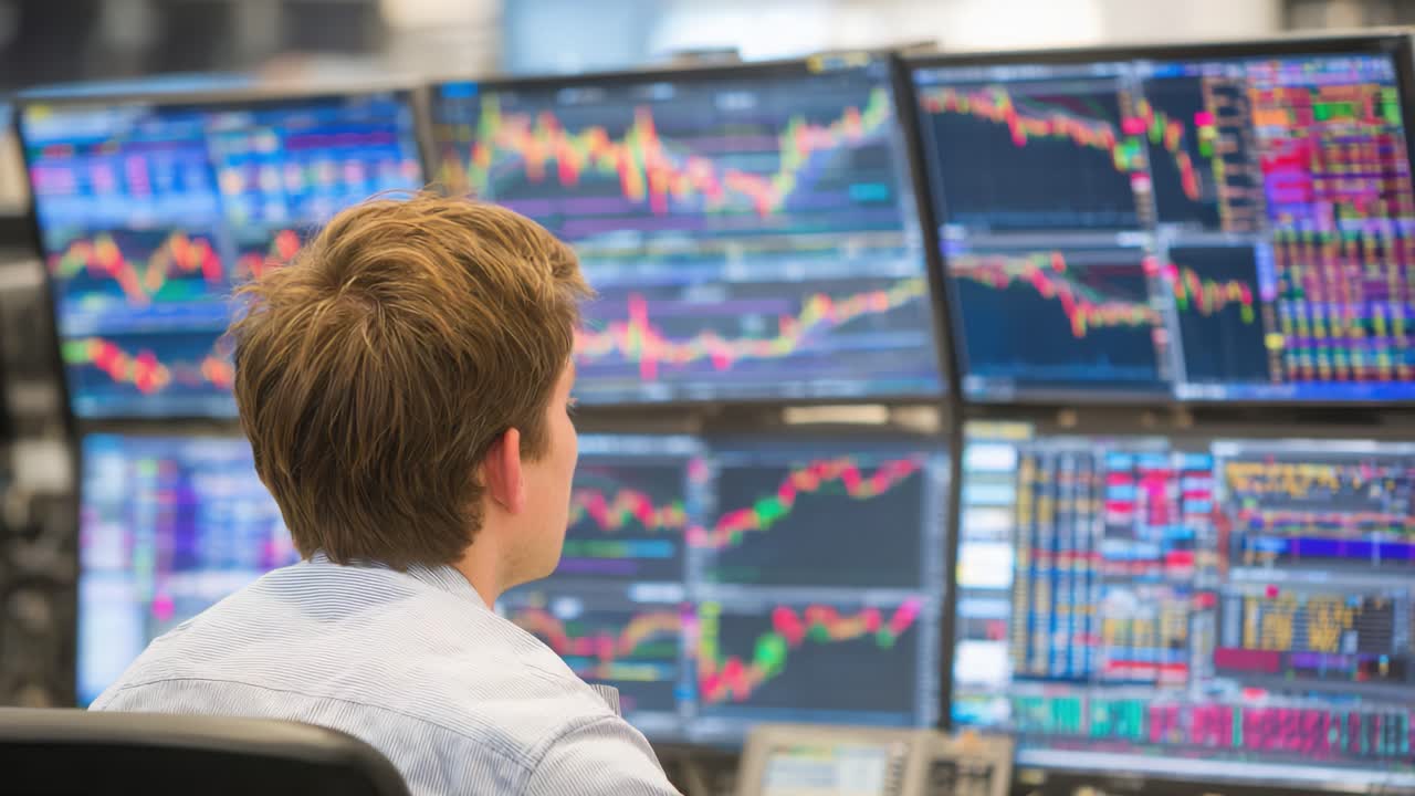 Analyzing Market Trends: A Trader Observing Financial Graphs and Data on Multiple Monitors in a Dynamic Trading Environment