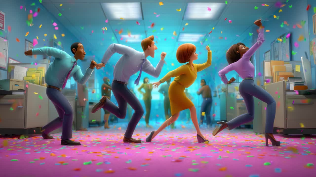 A Joyful Office Celebration Featuring Animated Colleagues Dancing Together Amidst Colorful Confetti and an Exciting Atmosphere of Festivity and Camaraderie