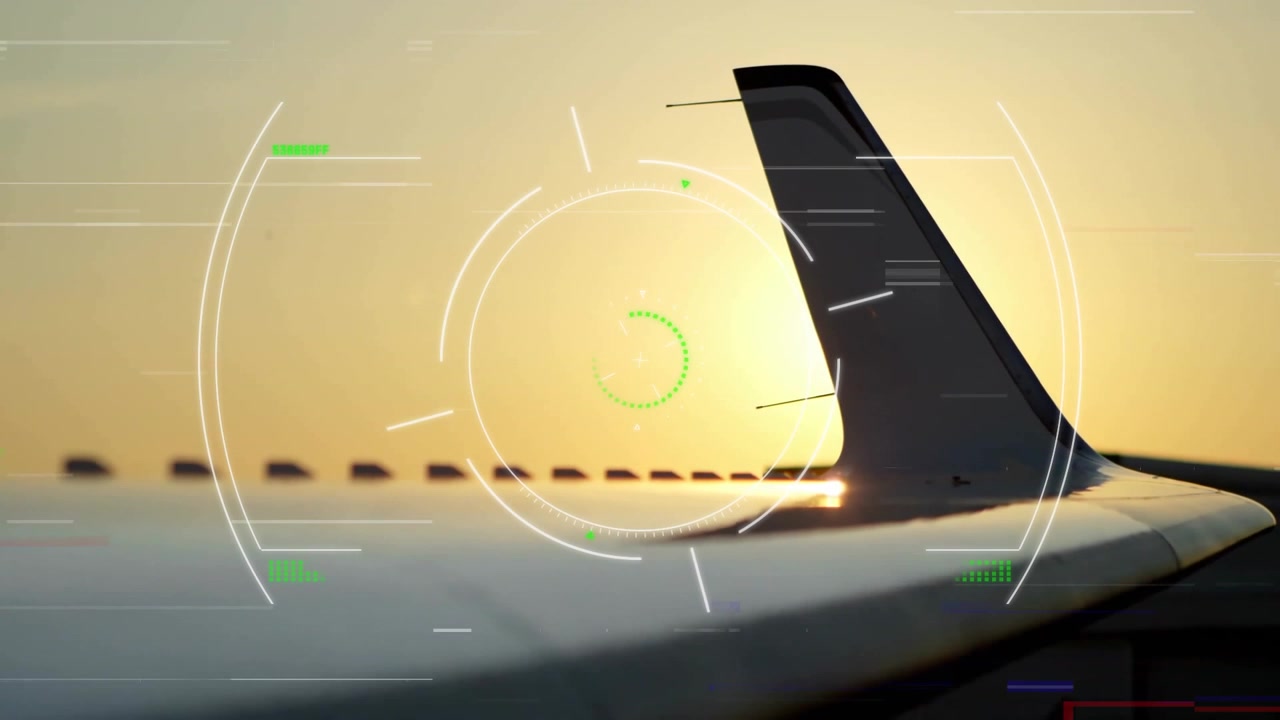 Renderizado 3D de un winglet siendo resaltado contra un cielo brillante al atardecer, mostrando una superposición HUD e iconos de vórtice