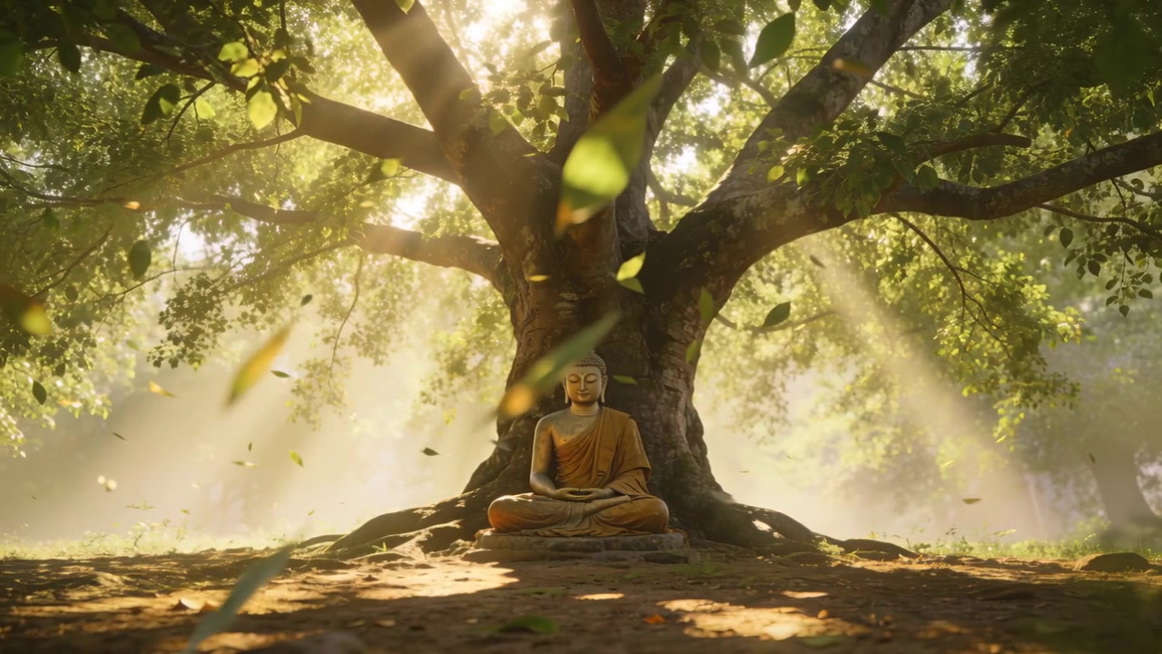Sole basso e brezza che causano il movimento delle foglie e il cambiamento della luce sulla statua di Buddha sotto un albero, con la veste