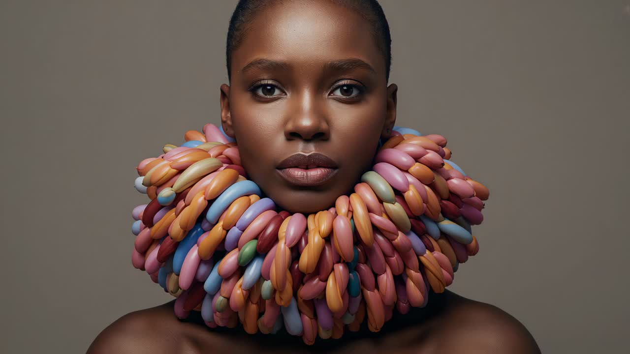 Opening eyes after camera cue, model holding gaze and turning head in studio, with colorful ruff